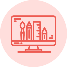 Web design icon showing a computer screen with pencil, brush, and ruler tools