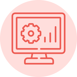 Workflow automation and analytics icon showing a settings gear and bar chart on a computer screen