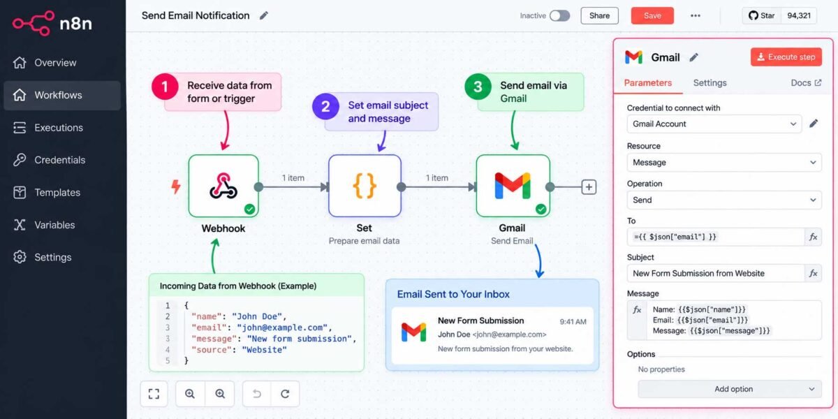 n8n Gmail node setup for automated email notifications