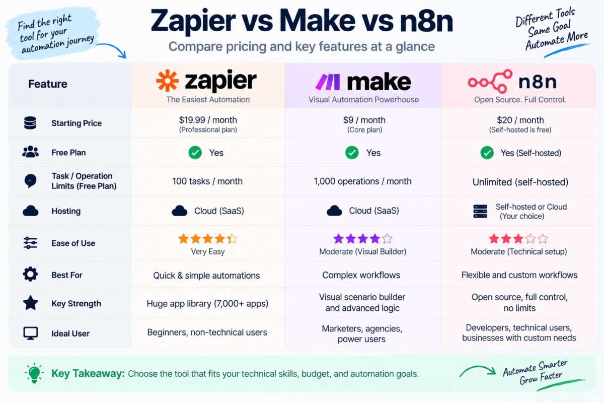 n8n Zapier Make pricing and features comparison table