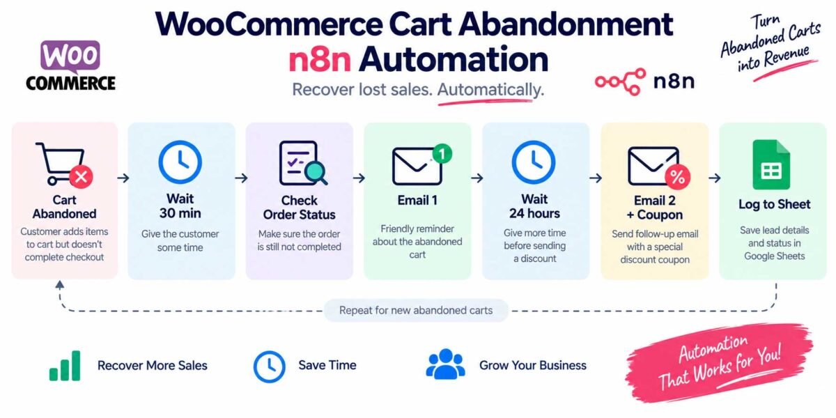 Workflow diagram showing how to recover abandoned carts in WooCommerce automatically