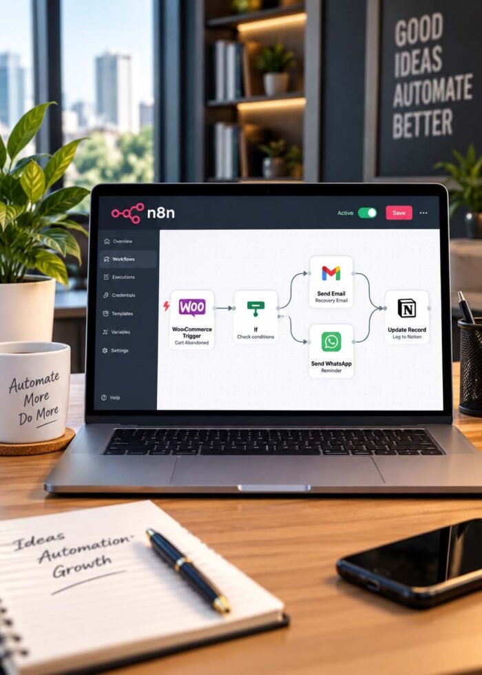 n8n workflow automation dashboard showing WooCommerce, email, and WhatsApp integration on a desk with a notebook reading Ideas Automation Growth