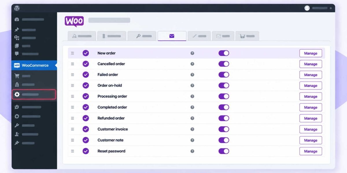 WooCommerce order email settings screen